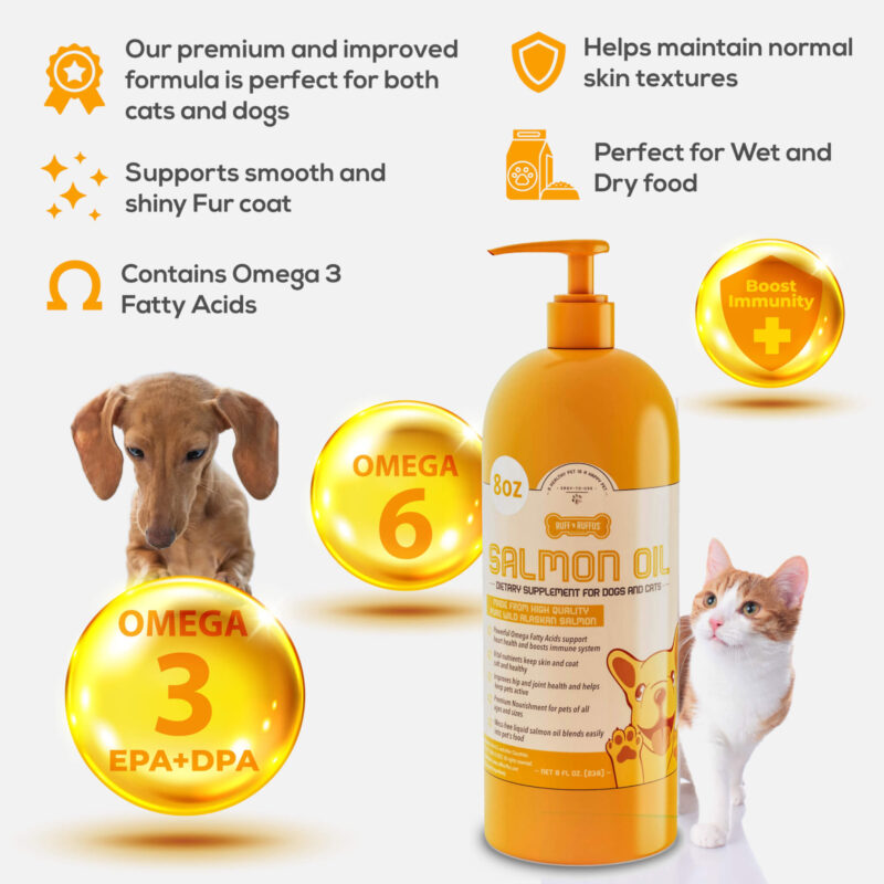 4. Features scaled salmon oil Discover the benefits of high-quality salmon oil for your beloved pets with Ruff n Ruffus Salmon Oil Bottle. Our premium formula is packed with essential Omega-3 and Omega-6 fatty acids that help improve the health of your pet's skin, coat, and joints. Ruff n Ruffus Salmon Oil is sourced from pure and sustainable salmon, ensuring that your pet gets only the best. Its delicious flavor is sure to make it a treat for your furry friend, making it easy to add to their food. Keep your pets happy and healthy with Ruff n Ruffus Salmon Oil Bottle.