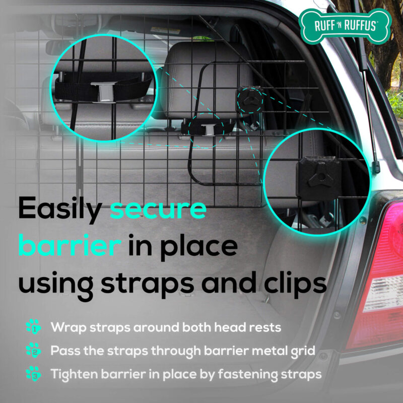 Straps F 01 3k scaled car barrier,Dog Car Barrier,Ruff ‘N Ruffus,Car barrier for Pets Heavy-Duty Foldable & Adjustable Dog Car Barrier | Great for SUV’S Universal Fit + Free Bonus Collapsible Travel Bowl & Travel Case